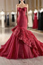 Burgundy Mermaid Strapless Tiers Formal Prom Dresses