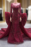 Burgundy Mermaid Tulle Sequins Formal Prom Dresses With Detachable Train