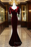 Burgundy Mermaid Velvet Short Sleeve Bow Formal Prom Dresses