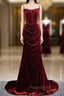 Burgundy Mermaid Velvet Spaghetti Straps Flower Formal Prom Dresses