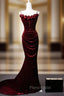 Burgundy Mermaid Velvet Straps Flwoer Formal Prom Dresses