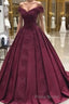 Burgundy off shoulder satin lace long Formal Prom dress, burgundy evening dress