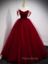 Burgundy Off Shoulder Tulle Long Formal Prom Dresses, Burgundy Formal Dresses