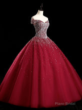 Burgundy Off Shoulder Tulle Sequin Long Prom Dress, Burgundy Sweet 16 Dress