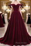 Burgundy Off Shoulder Velvet Long Formal Prom Dress, Off Shoulder Burgundy Graduation Dress, Evening Dress