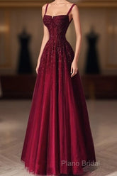 Burgundy Formal Prom Dresses A Line Straps Tulle Formal Dresses