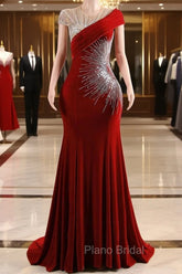Burgundy Formal Prom Dresses Bodycon Velvet Long Formal Dresses with Embroidered Beadings