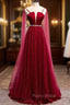 Burgundy Formal Prom Dresses, Spagetti-Strap Sleeveless Formal Prom Dresses Tulle Ruffles with Beadings