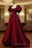 Burgundy Puffy Sleeves Taffeta Long Formal Prom Dresses, Floor Length Sweetheart Party Dresses