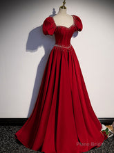 Burgundy Satin Beads Long Prom Dresses, Burgundy Long Formal Dresses