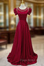 Burgundy Satin Cap Sleeve Beading Pearls Formal Prom Dresses