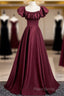 Burgundy Satin Floor Length Formal Prom Dresses, Simple A-Line Formal Party Dresses