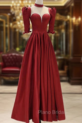 Burgundy Satin High Neck Long Formal Prom Dresses, Burgundy A-Line Evening Party Dresses