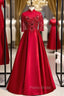 Burgundy Satin High Neck Short Sleeve Appliques Formal Prom Dresses