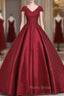 Burgundy Satin Lace Applique Scoop Neckline Long Formal Prom Dresses