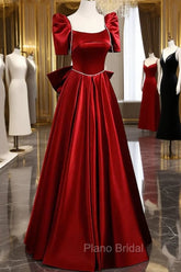 Burgundy Satin Long Formal Prom Dresses, A-Line Evening Dresses with Bow