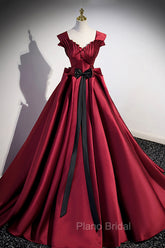 Burgundy Satin Long Formal Prom Dresses, Burgundy A-Line Evening Dresses