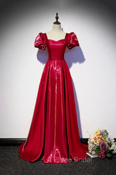 Burgundy Satin Long Formal Prom Dresses, Simple A-Line Evening Dresses