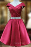 Burgundy Satin Off the Shoulder Pleats Beading Homecoming Dresses