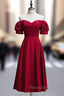Burgundy Satin Off the Shoulder Puff Sleeve Formal Prom Dresses
