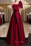 Burgundy Satin One Shoulder Bow Formal Prom Dresses