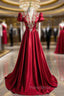 Burgundy Satin Sequins Beading Short Sleeve Formal Prom Dresses