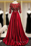 Burgundy Satin Sequins Short Sleeve Formal Prom Dresses