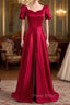 Burgundy Satin Short Sleeve Formal Prom Dresses With Split