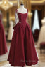 Burgundy Satin Spaghetti Straps Bow Formal Prom Dresses