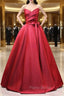 Burgundy Satin Strapless Pleats Formal Prom Dresses With Belt