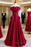 Burgundy Satin Strapless Pleats Formal Prom Dresses