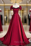 Burgundy Satin Strapless Formal Prom Dresses With Detachable Sleeve