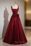 Burgundy Satin Straps Flower Formal Prom Dresses