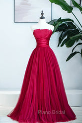 Burgundy Satin Tulle Long Formal Prom Dresses, A-Line Strapless Evening Dresses