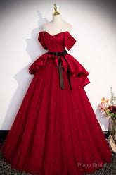 Burgundy Satin Tulle Long Prom Dress, Off Shoulder Evening Dress