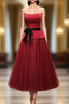 Burgundy Satin Tulle Strapless Formal Prom Dresses