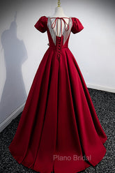 Burgundy Scoop Neckline Satin Long Formal Prom Dresses, Short Sleeve Evening Dresses
