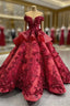 Burgundy Sequins Off the Shoulder 3D Flower Floor Length Formal Prom Dresses