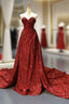 Burgundy Sequins Sweetheart Pleats Formal Prom Dresses With Long Train