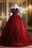 Burgundy Sequins V-neck Puff Sleeve Quinceanera Dresses