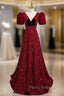 Burgundy Sequins V-neck Short Sleeve Formal Prom Dresses