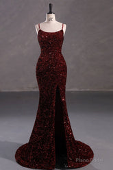Slim Burgundy Shimmery Open Back Formal Prom Evening Dress