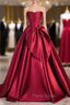 Burgundy Strapless Satin Bow Formal Prom Dresses