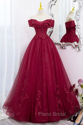 Burgundy Sweet 16 Formal Gown with Lace, Off the Shoulder Formal Prom Dresses Party Dresses