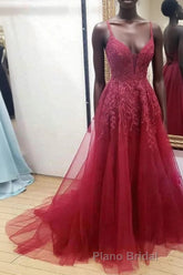 Burgundy sweetheart tulle lace long Formal Prom dress formal dress