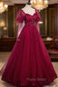 Burgundy Tulle Beaded Long Sleeve Formal Prom Dresses, A-Line Evening Graduation Dresses