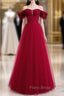 Burgundy Tulle Beading Off the Shoulder Formal Prom Dresses