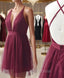 Burgundy Tulle Deep V-neck Homecoming Dresses