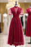 Burgundy Tulle High Neck Short Sleeve Formal Prom Dresses