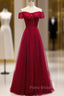 Burgundy Tulle Lace Off the Shoulder Formal Prom Dresses With Button